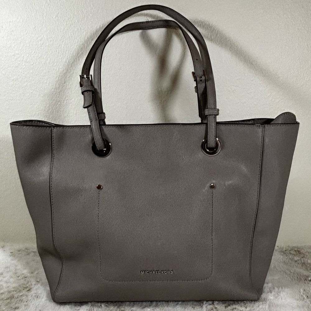 Michael Kors Large Gray Leather Tote Bag – Open Top Shopper Shoulder Handbag